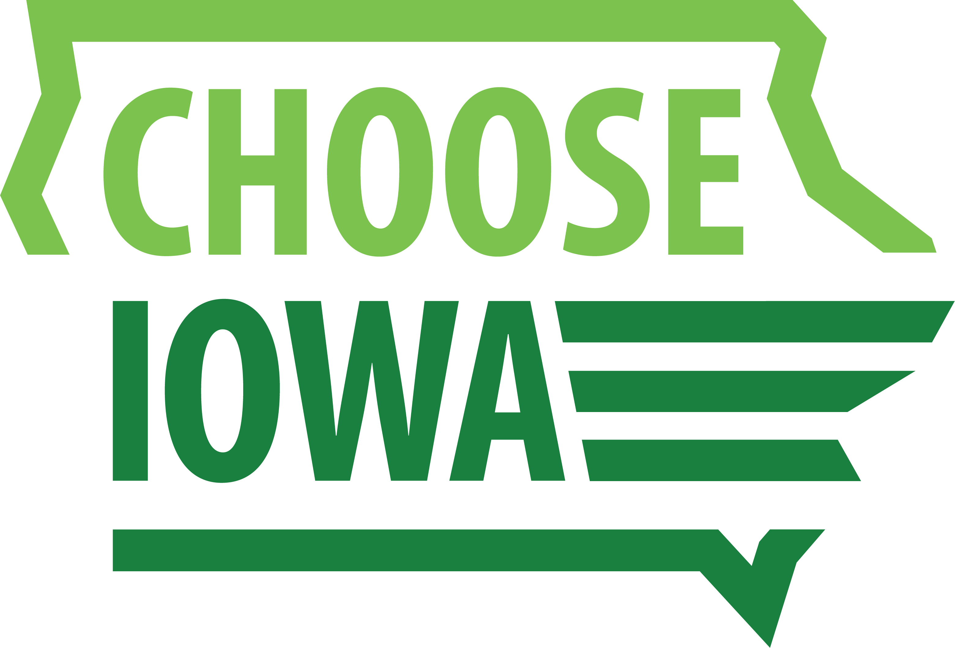 The Choose Iowa logo is designed with the abstract outline of the state of Iowa around the words, "Choose" and "Iowa". The top half of the logo is bright green while the bottom half of the logo is darker green.