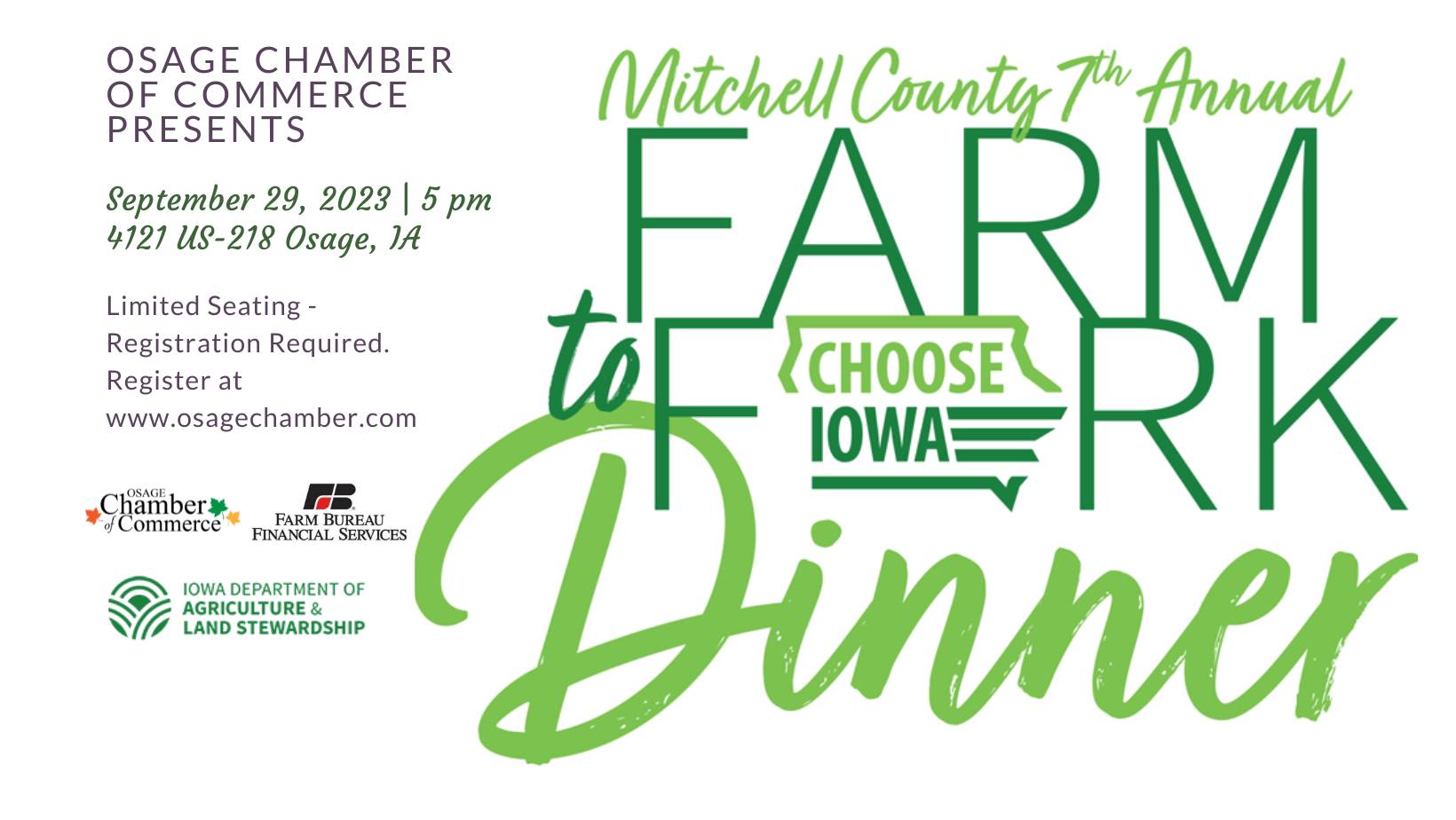 Mitchell County Farm to Fork Dinner logo with event details for September 29, 2023.