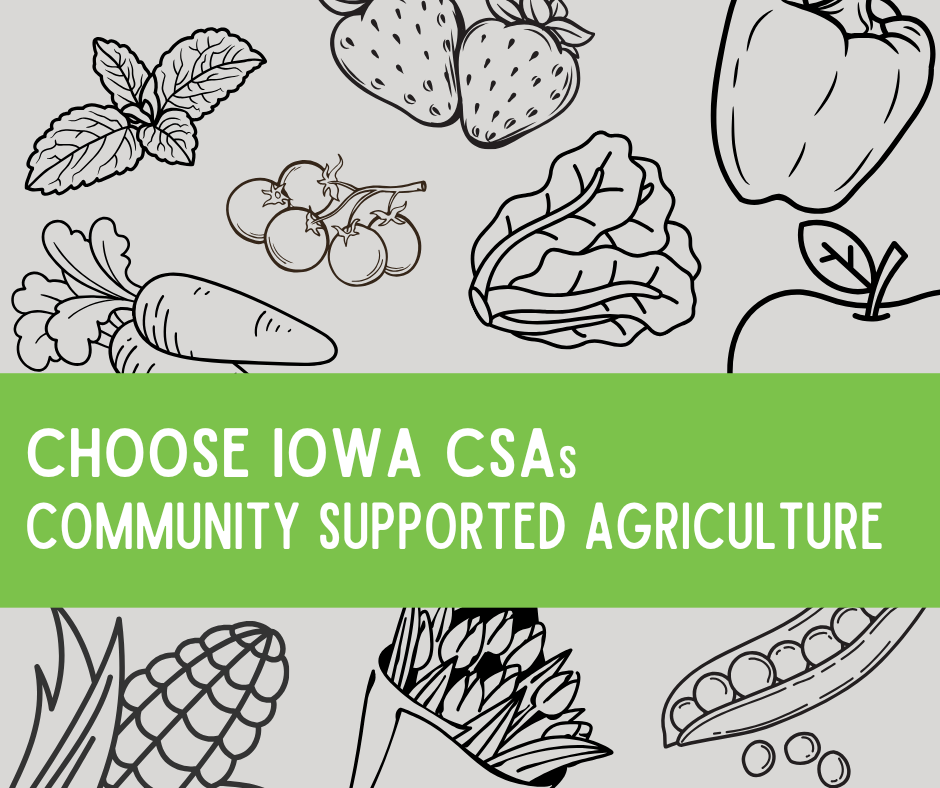 Outlines of fruit and vegetables in the background with a green bar and white words that say "Choose Iowa CSAs Community Supported Agriculture"