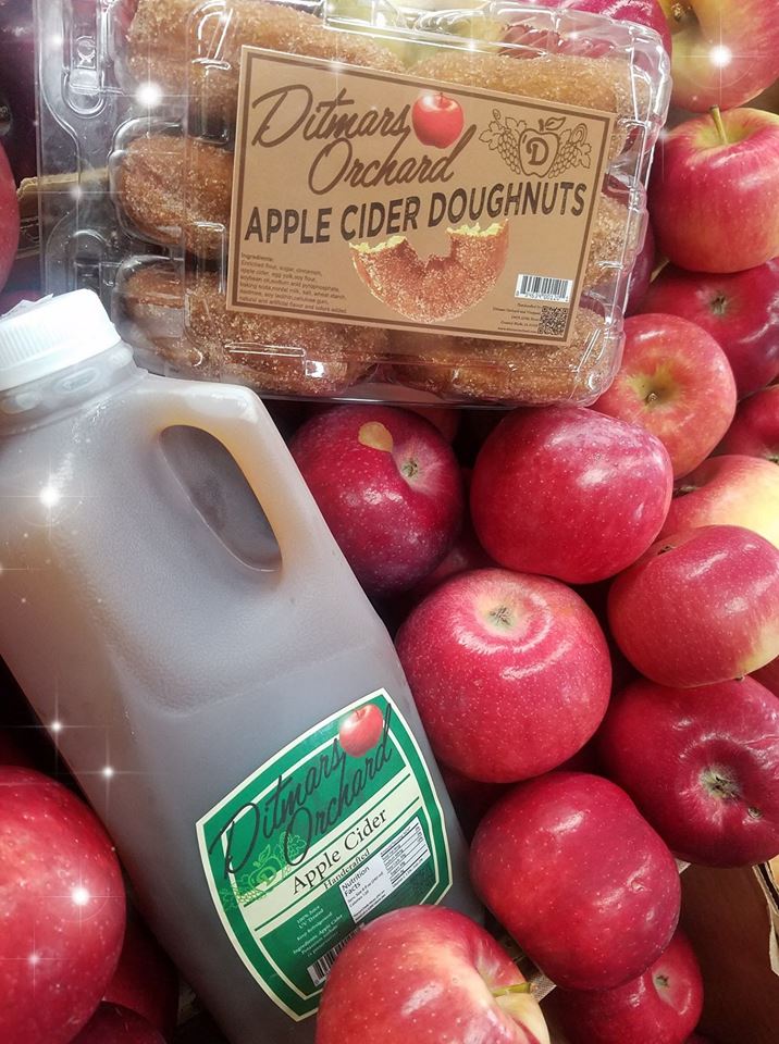 A container of apple cider and apple cider doughnuts are surrounded by shiny red apples.