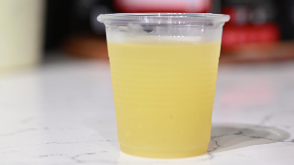 A small glass of dill pickle lemonade sits front and center.