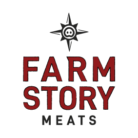 Farm Story Meats logo. A compass around a pig snout above red text saying "Farm Story" with the word "Meats" in black below it