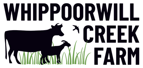 An image of a cow, a goat and a flying whippoorwill in a field of green grass next to the words 'Whippoorwill Creek Farm'