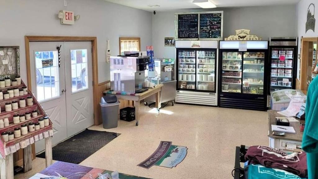 Soft-Serve, yogurt, milk, cheese curds, eggs & many other locally made products such as syrup, granola, soaps & candles are available in the store.  The store is self-service.