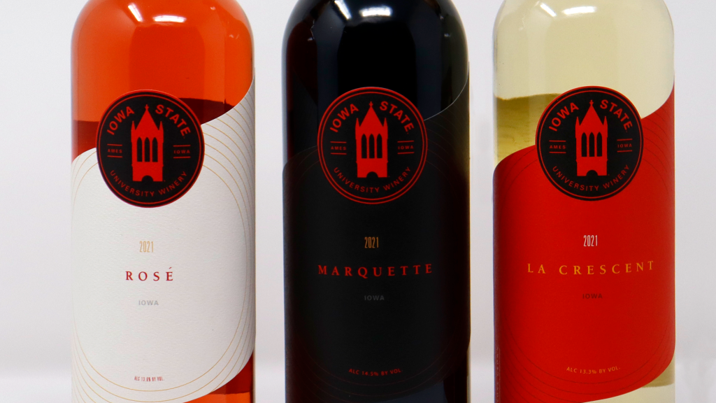 Three wines produced by Iowa State University Winery: Rose, Marquette and La Crescent.