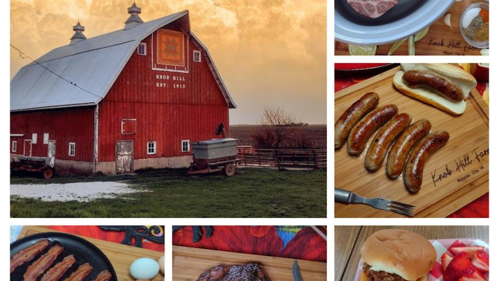 collage of pork photos with the red Knob Hill Farm barn