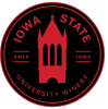 Logo for the Iowa State University Winery.  Black circle with red campanile graphic and text circling the outside.