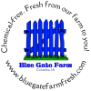 A blue gate underscored with the text Blue Gate Farm. Circled with the text, Chemical-free. Fresh from our farm to you. www.bluegatefarmfresh.com