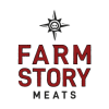 Farm Story Meats logo. A compass around a pig snout above red text saying "Farm Story" with the word "Meats" in black below it