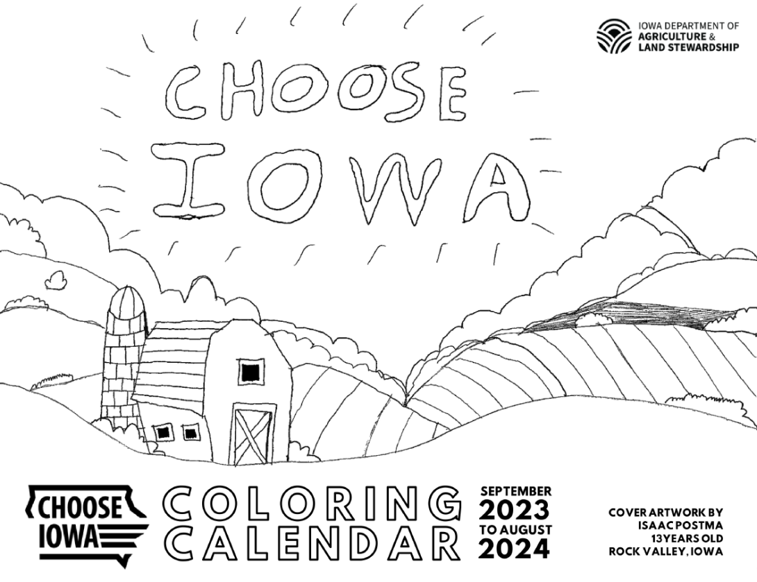 Choose Iowa Coloring Calendar Cover with a child's drawing of a barn and fields.